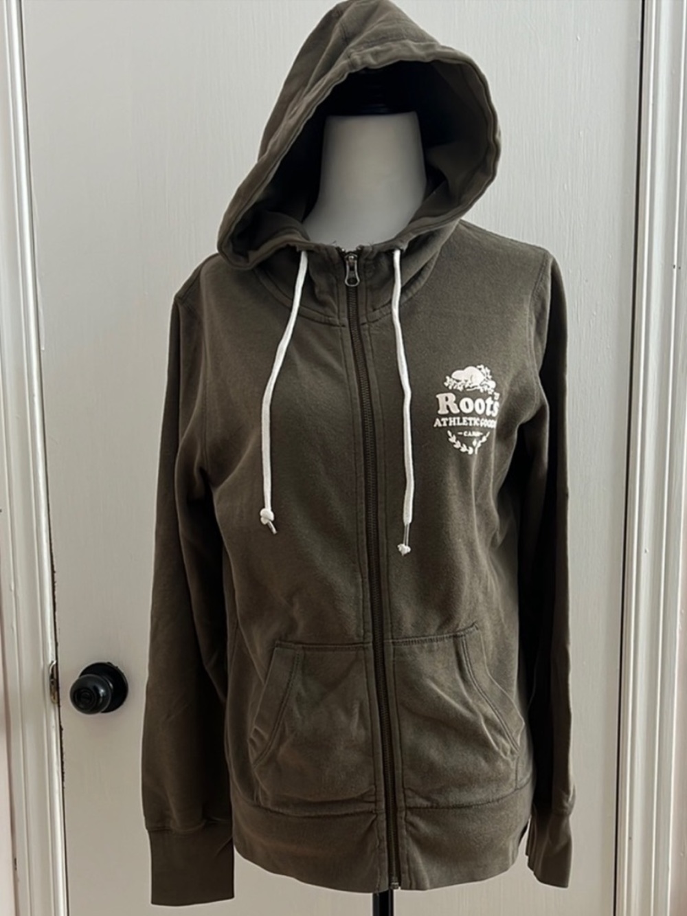 Roots | Women's Size Small Olive Green Zip-Up Hoodie with White Logo